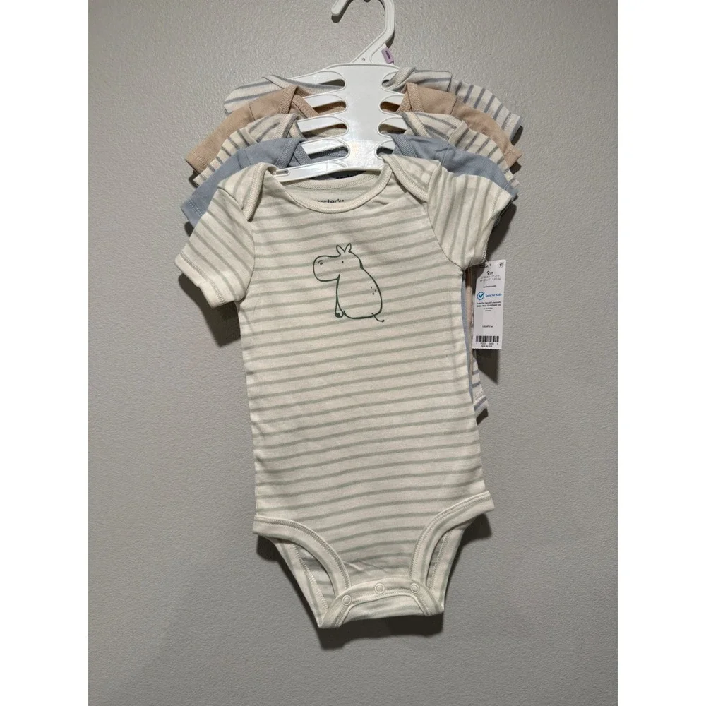 Carters Baby Boys 5 Pack Short Sleeve Bodysuits 9M Blue Tan Elephant Hippo